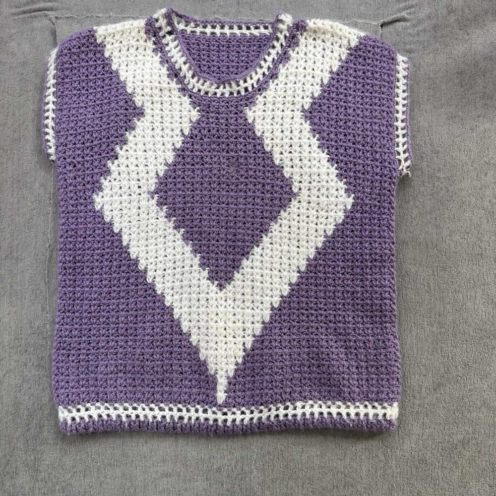 Handmade Crochet Sweater M Purple White Granny Grandma Pullover Top Cottage Boho